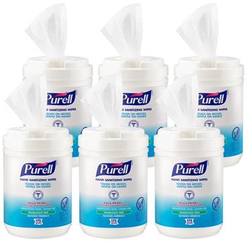 PURELL Premoistened Sanitizing Wipes, Alcohol Formulation, 6 x 7, White, 175/Canister, 6/CT