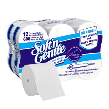 Georgia Pacific Professional Soft ‘n Gentle Premium Coreless 2-Ply Toilet Paper W/ 2 Roll-Holder Adaptors, 600 Sheets/Roll, 12 Rolls/CT