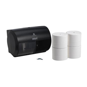 Compact Coreless Side-By-Side Toilet Paper Dispenser Starter Kit, 1 Dispenser &amp; 4 Toilet Paper Rolls, Black