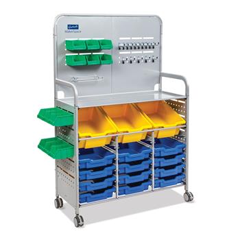 Gratnells Silver MakerSpace Cart, 3 Deep F2 Sunshine Yellow &amp; 12 Shallow F1 Royal Blue Trays