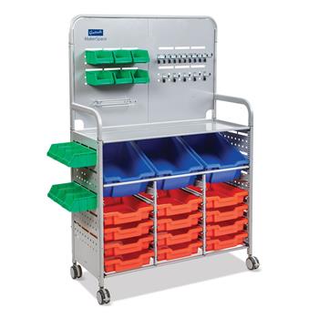 Gratnells Silver MakerSpace Cart, 3 Deep F2 Royal Blue &amp; 12 Shallow F1 Flame Red Trays