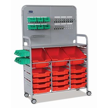 Gratnells Silver MakerSpace Cart, 3 Deep F2 &amp; 12 Shallow F1 Flame Red Trays