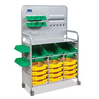 Gratnells Silver MakerSpace Cart, 3 Deep F2 in Grass Green &amp; 12 Shallow F1 Sunshine Yellow Trays