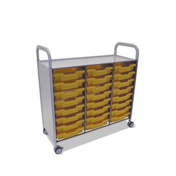 Gratnells Silver Callero Triple Cart with 24 Shallow F1 Trays in Sunshine Yellow