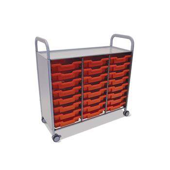 Gratnells Silver Callero Triple Cart with 24 Shallow F1 Trays in Flame Red