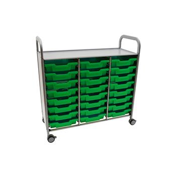 Gratnells Silver Callero Triple Cart with 24 Shallow F1 Trays in Grass Green