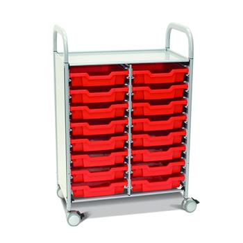 Gratnells Callero Double Cart with 16 Shallow Flame Red Trays