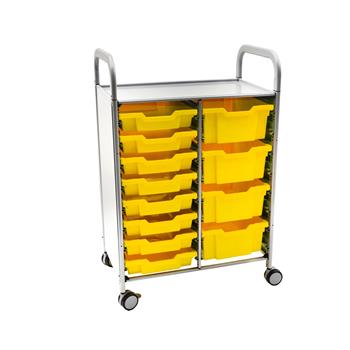 Gratnells Silver Callero Double Cart, 8 Shallow Trays &amp; 4 Deep Trays in Sunshine Yellow