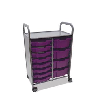Gratnells Silver Callero Double Cart, 8 Shallow Trays &amp; 4 Deep Trays in Plum Purple