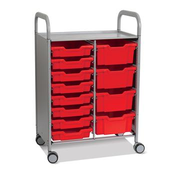 Gratnells Silver Callero Double Cart, 8 Shallow Trays &amp; 4 Deep Trays in Flame Red