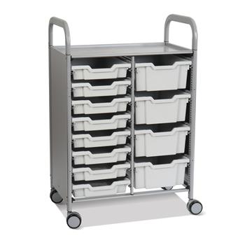 Gratnells Silver Callero Double Cart, 8 Shallow Trays &amp; 4 Deep Trays in Light Gray