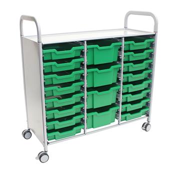 Gratnells Silver Callero Triple Cart, 16 Shallow Trays &amp; 4 Deep Trays in Grass Green