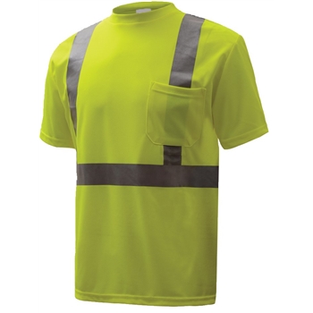 GSS Safety Standard Class 2 Moisture Wicking Short Sleeve Safety T-Shirt, Chest Pocket, Lime, Medium, 25/CS