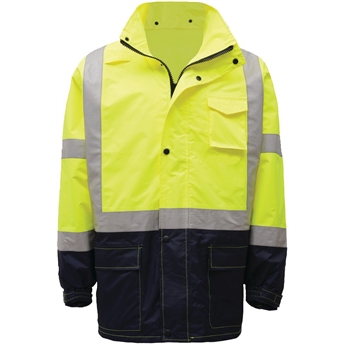 GSS Safety Class 3 Premium Hooded Rain Jacket Black Bottom, Small/Medium, Lime
