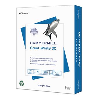 Hammermill Great White 30 Recycled Copy Paper, 92 Bright, 20 lb, 8.5&quot; x 11&quot;, White, 500 Sheets/Ream