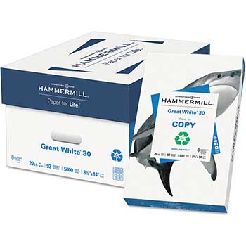 Hammermill Great White 30 Recycled 20lb Copy Paper, 8.5&quot; x 14&quot;, 92 Bright, 10 Reams, 5,000 Sheets