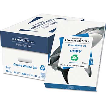 Hammermill Great White 30 Recycled Copy Paper, 92 Brightness, 20lb, 11 x 17, 2,500 Sheets/CT