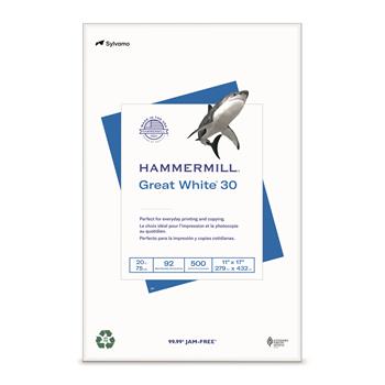 Hammermill Great White 30 Recycled Copy Paper, 92 Brightness, 20 lb, 11&quot; x 17&quot;, White, 500 Sheets/Ream