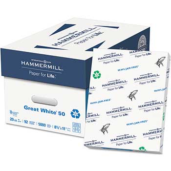 Hammermill Great White 50 Recycled Copy Paper, 20-lb., 8-1/2 x 11, White, 5000/Carton
