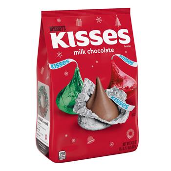 Hershey&#39;s&#174; Christmas Milk Chocolate Kisses with Red, Green, and Silver Foils Stand Up Bag, 34.1 oz., 8/CS