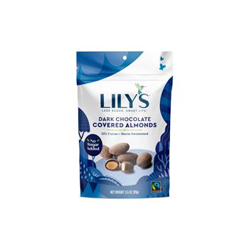 Lily&#39;s Dark Chocolate Covered Almonds, No Sugar Added, 55% Cocoa, 3.5 oz Pouch, 12/Case