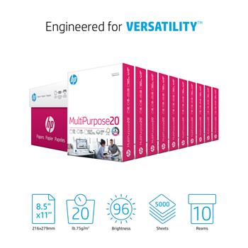 HP MultiPurpose20 Copy Paper, 96 Bright, 20 lb, 8.5&quot; x 11&quot;, White, 500 Sheets/Ream, 10 Reams/Carton