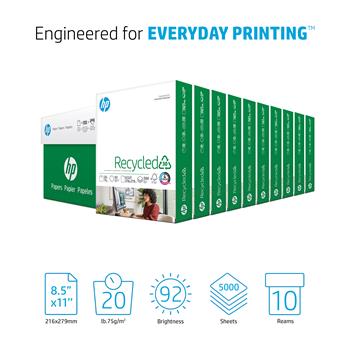 HP Papers Recycled30 Copy Paper, 92 Bright, 20 lb, 8.5&quot; x 11&quot;, White, 500 Sheets/Ream, 10 Reams/Carton