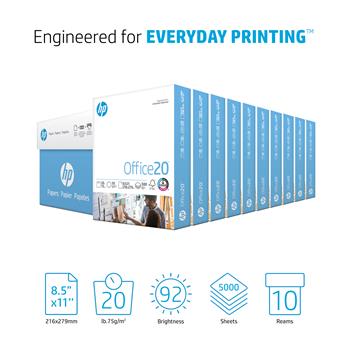 HP Papers Office20 Copy Paper, 92 Bright, 20 lb, 8.5&quot; x 11&quot;, White, 500 Sheets/Ream, 10 Reams/Carton