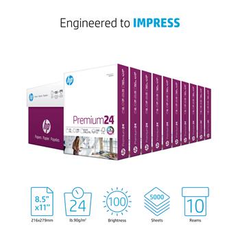 HP Papers Premium Copy Paper, 100 Bright, 24 lb, 8.5&quot; x 11&quot;, White, 500 Sheets/Ream, 10 Reams/Carton