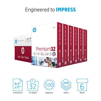 HP Papers Premium32 Copy Paper, 100 Bright, 32 lb, 8.5&quot; x 11&quot;, White, 500 Sheets/Ream, 6 Reams/Carton