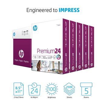 HP Papers Premium24 Copy Paper, 100 Bright, 24 lb, 8.5&quot; x 11&quot;, Ultra White, 500 Sheets/Ream, 5 Reams/Carton