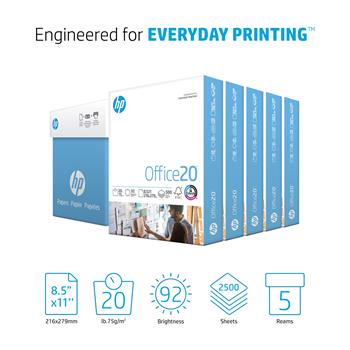 HP Papers Office20 Copy Paper, 92 Bright, 20 lb, 8.5&quot; x 11&quot;, White, 500 Sheets/Ream, 5 Reams/Carton