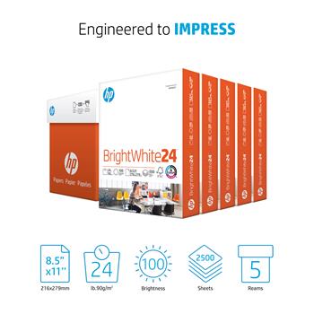 HP Papers BrightWhite24 Copy Paper, 100 Bright, 24 lb, 8.5&quot; x 11&quot;, White, 500 Sheets/Ream, 5 Reams/Carton