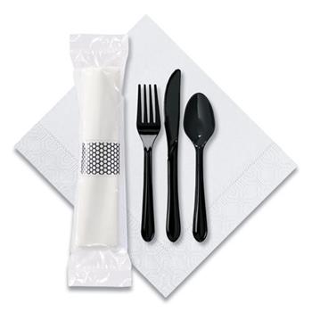 Hoffmaster CaterWrap To Go Express Disposable Cutlery Catering Kit (Knives, Forks, Spoons, Napkins), Plastic, Black, 100 Kits/Carton