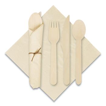 Hoffmaster Pre-Rolled Caterwrap Kraft Napkins with Wood Cutlery, 6 x 12 Napkin;Fork;Knife;Spoon, 7&quot; to 9&quot;, Kraft, 100/Carton