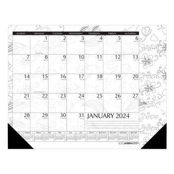 House of Doolittle Recycled Coloring Desk Pad Calendar, Black and White Doodle, 22 x 17, 2024