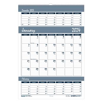 House of Doolittle Recycled Bar Harbor Three-Months-per-Page Wall Calendar, 12 in x 17 in, 2024