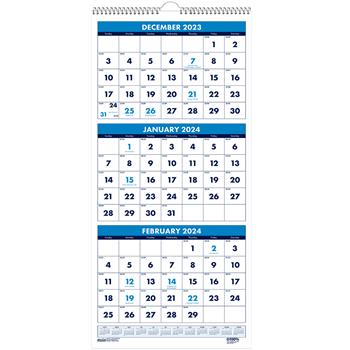 House of Doolittle Three-Month Format Wall Calendar, 8 in x 17 in, 14-Month (Dec.-Feb.) 2024