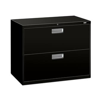 HON Brigade 600 Series Lateral File, 2 Drawers, Polished Aluminum Pull, 36&quot;W x 18&quot;D x 28-3/8&quot;H, Black Finish