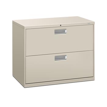 HON Brigade 600 Series Lateral File, 2 Drawers, Polished Aluminum Pull, 36&quot;W x 18&quot;D x 28-3/8&quot;H, Light Gray Finish