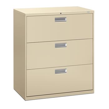 HON Brigade 600 Series Lateral File, 3 Drawers, Polished Aluminum Pull, 36&quot;W x 18&quot;D x 40-7/8&quot;H, Putty Finish