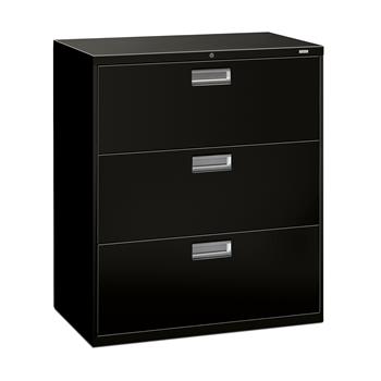 HON&#174; Brigade 600 Series Lateral File, 3 Drawers, Polished Aluminum Pull, 36&quot;W x 18&quot;D x 40-7/8&quot;H, Black Finish