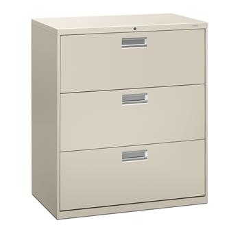 HON Brigade 600 Series Lateral File, 3 Drawers, Polished Aluminum Pull, 36&quot;W x 18&quot;D x 40-7/8&quot;H, Light Gray Finish