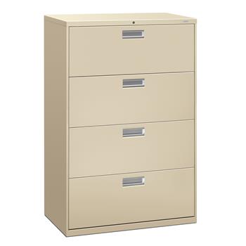 HON Brigade 600 Series Lateral File, 4 Drawers, Polished Aluminum Pull, 36&quot;W x 18&quot;D x 53-1/4&quot;H, Putty Finish