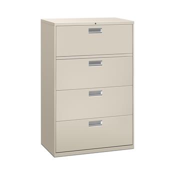 HON Brigade 600 Series Lateral File, 4 Drawers, Polished Aluminum Pull, 36&quot;W x 18&quot;D x 53-1/4&quot;H, Light Gray Finish