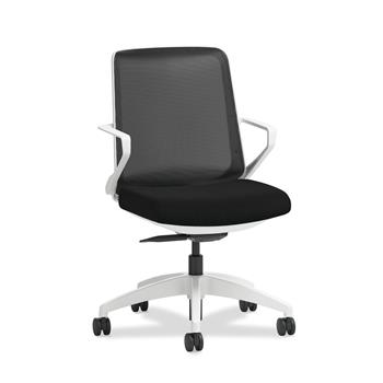 HON Cliq Office Chair, Mesh Mid-Back, Synchro-Tilt, Fixed Arms, Black Seat Fabric, Designer White Frame