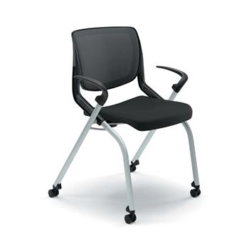 HON Motivate Nesting Stacking Chair, 4-way Stretch Back, Fixed Arms, Soft Casters, Onyx Shell, Platinum/Black