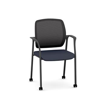 HON Nucleus Guest Chair, Fixed Arms, Casters, 4-Way Stretch Mesh Back, Black Frame/Navy Fabric