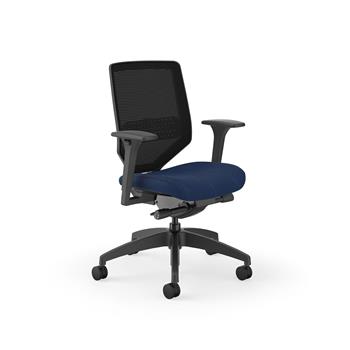 HON Solve Mid-Back Task Chair, 4-Way Stretch Mesh Back, Adjustable Arms, Black Frame, Indigo Fabric