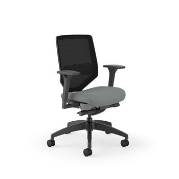 HON Solve Mid-Back Task Chair, 4-Way Stretch Mesh Back, Adjustable Arms, Black Frame, Pewter Vinyl